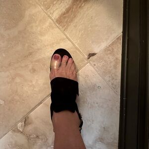 Privileged black suede heels with clear strap size 8